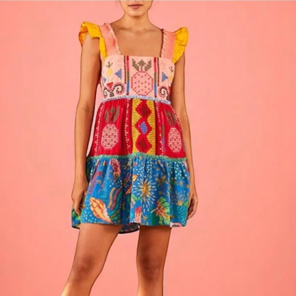 Farm Rio Colorblocking Embroidered Mini Dress Size Medium - Picture 2 of 10